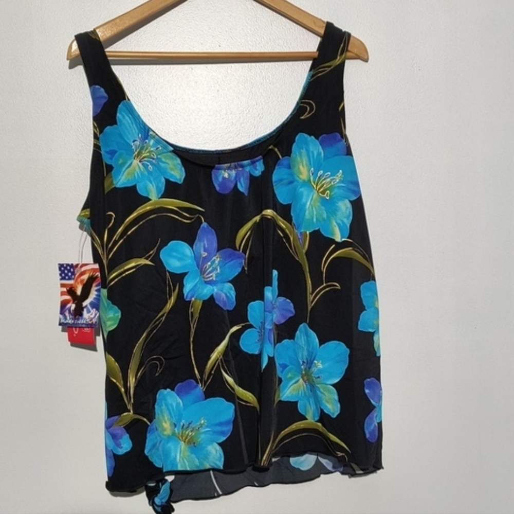🔥 Ceeb Floral Sleeveless Black and Blue Tankini Top Size 22W